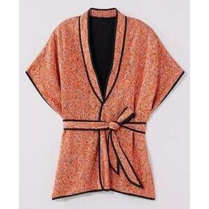 J Jill Belted Quilted Ruana Kimono Jacket Sunset Carefree Paisley Boho Sz S-L